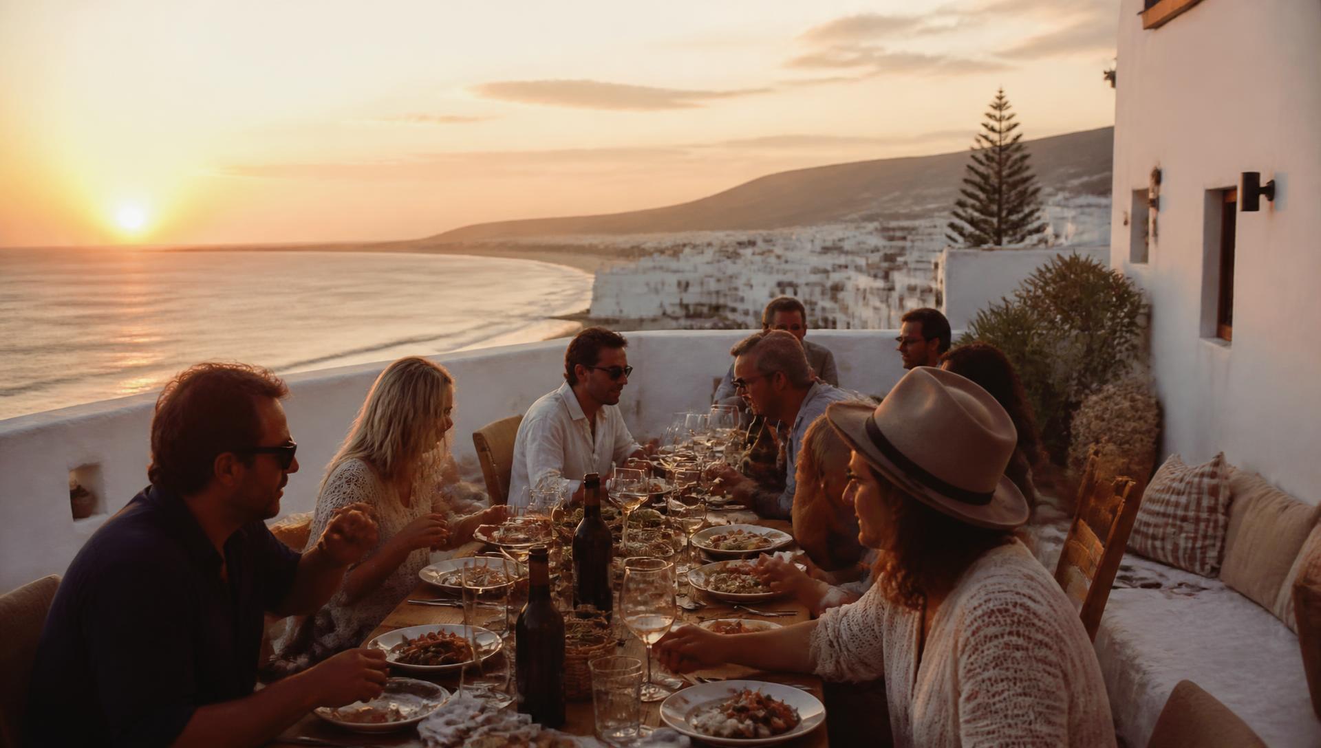 Long dinner table on a whitewashed terrace above the beach of Zahara de los Atunes at sunset
