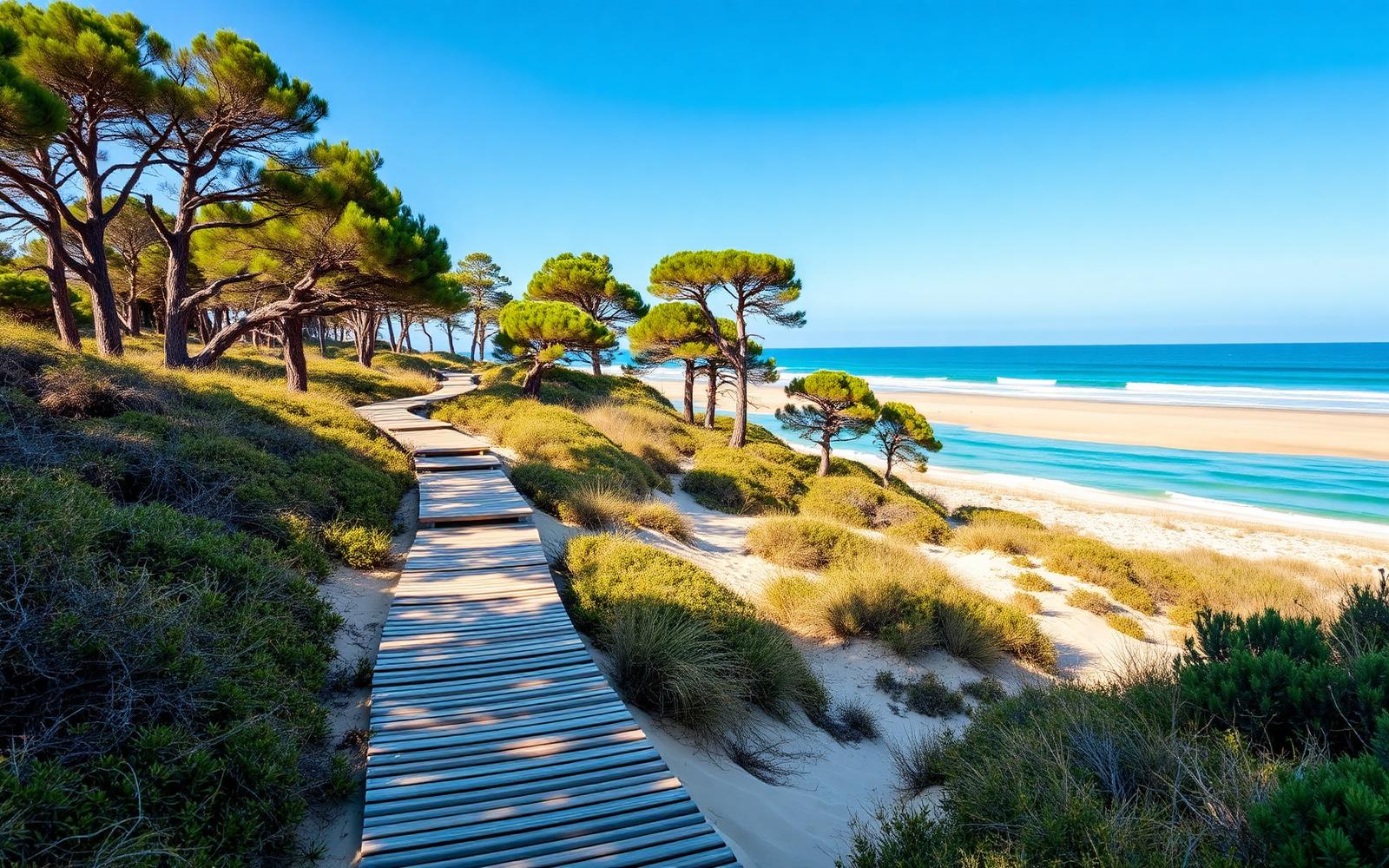 Wooden boardwalk crossing the protected Artola dunes towards the sea