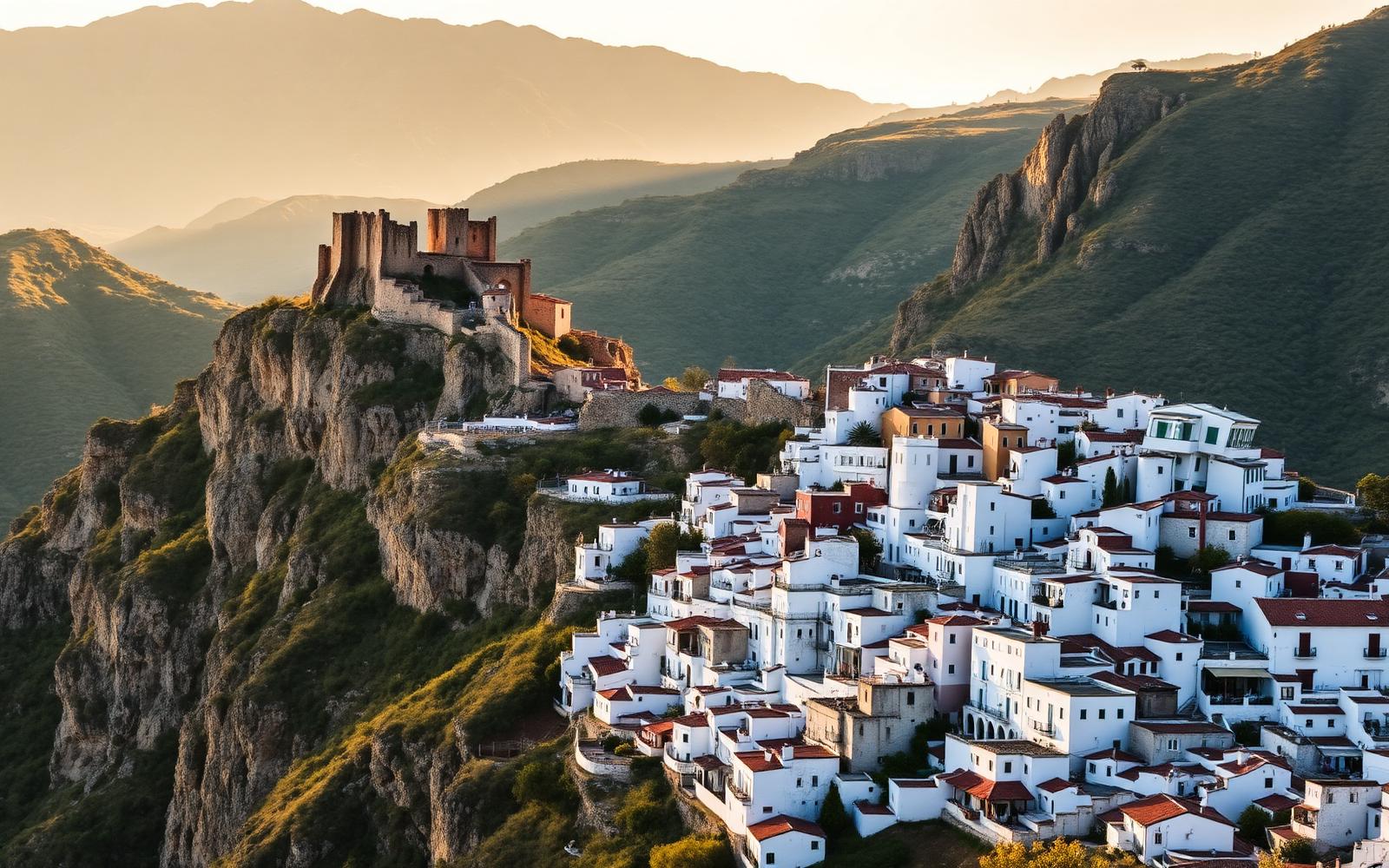 White houses of Casares cascading down the mountain below the Moorish castle