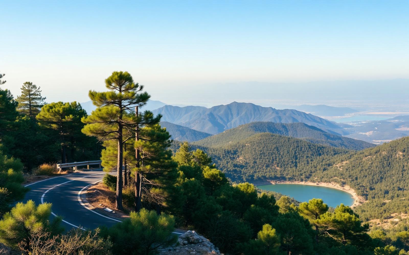 Mountain road through pine forest towards Istán with a reservoir below