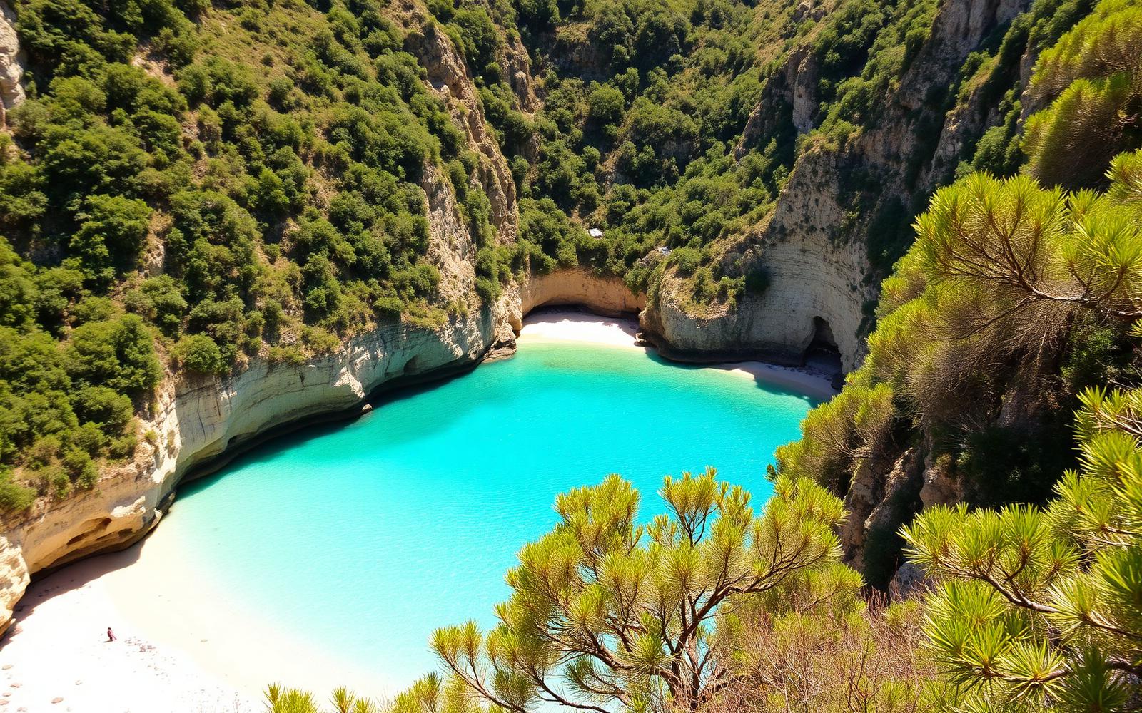 Turquoise cove framed by the green cliffs of Maro