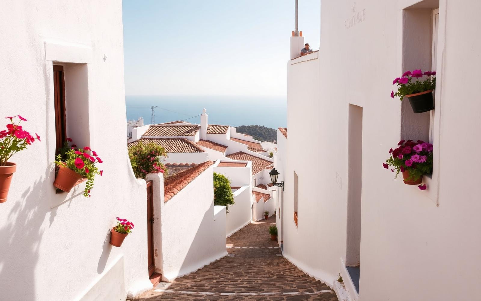 Whitewashed street of Mijas Pueblo with flower pots and the sea in the distance