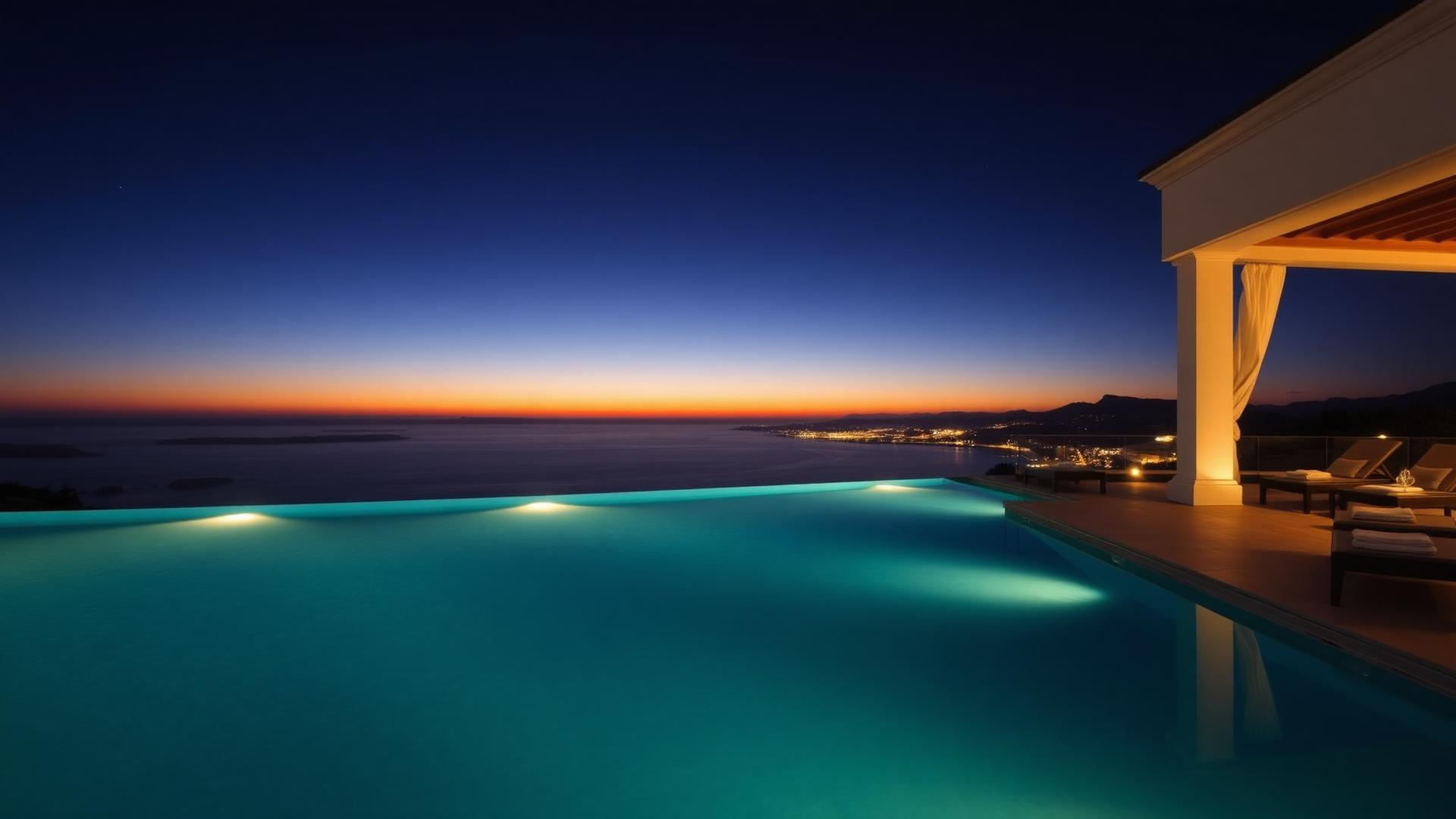 Illuminated terrace pool overlooking the Mediterranean at dusk