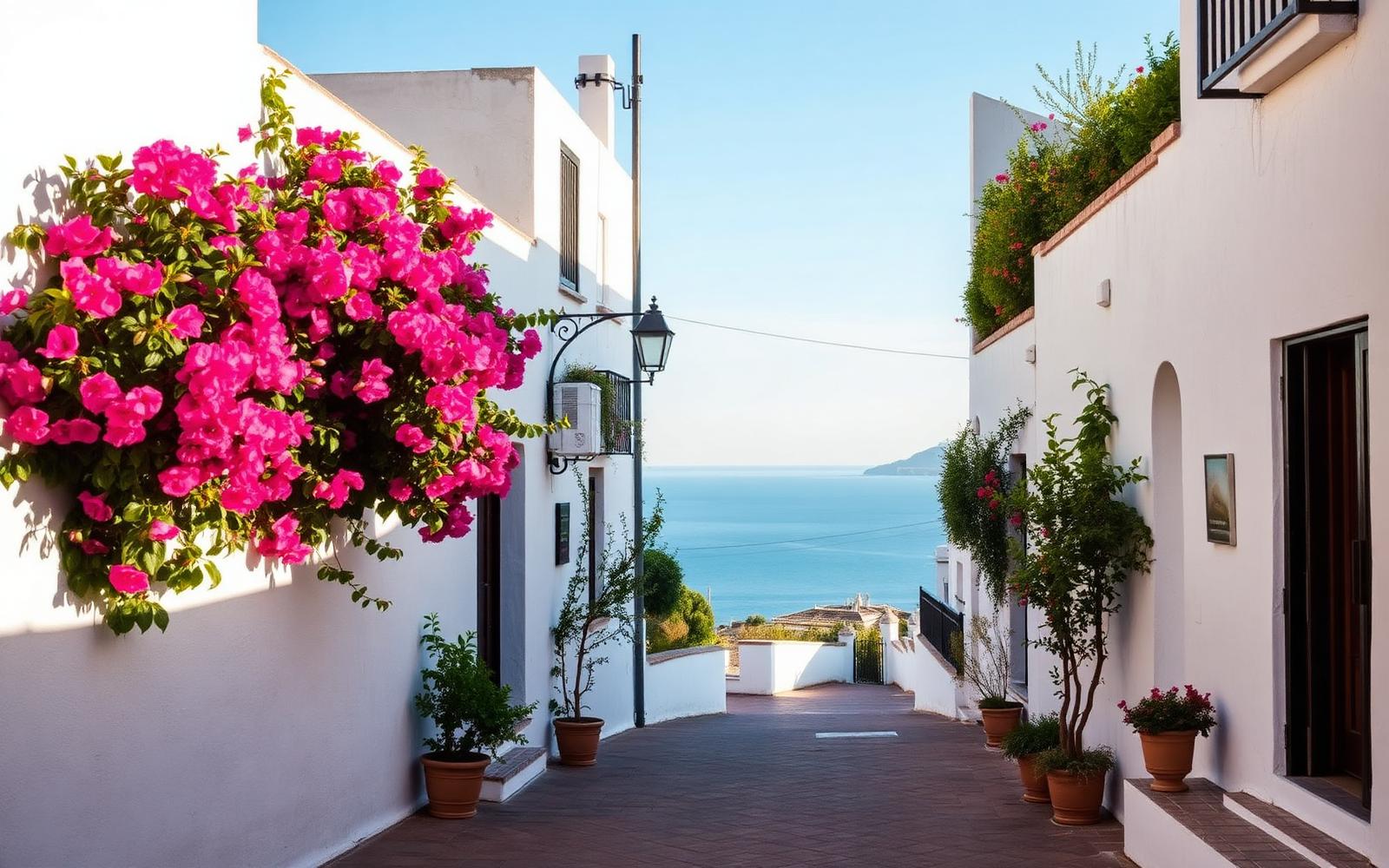 Whitewashed Costa del Sol street opening onto the sea