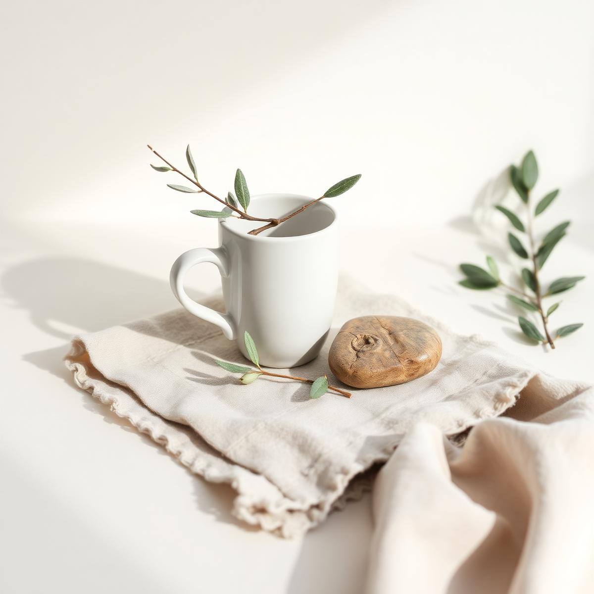Linen, ceramic and olive branch still life in soft daylight