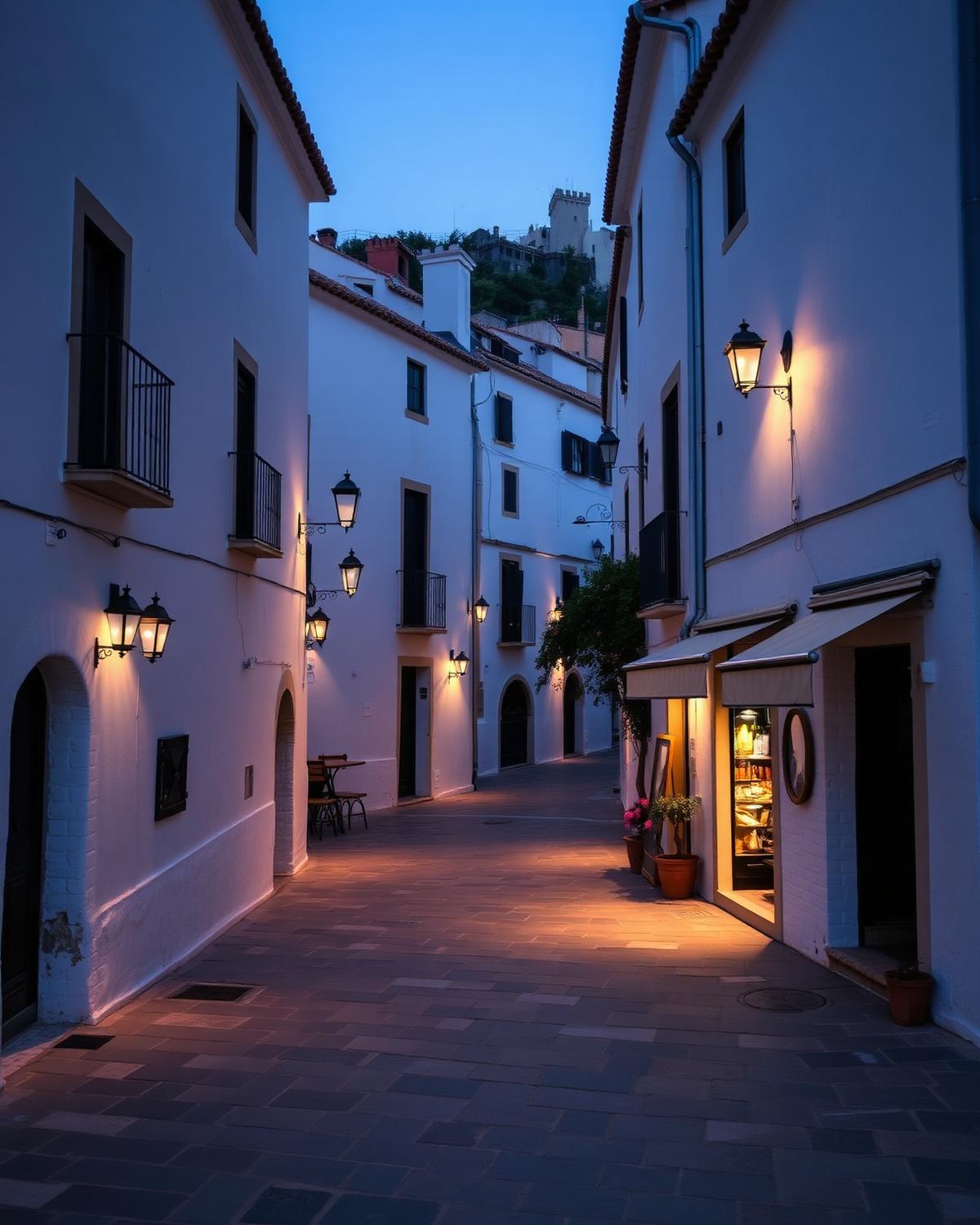 Andalusian village street lit by lanterns at dusk