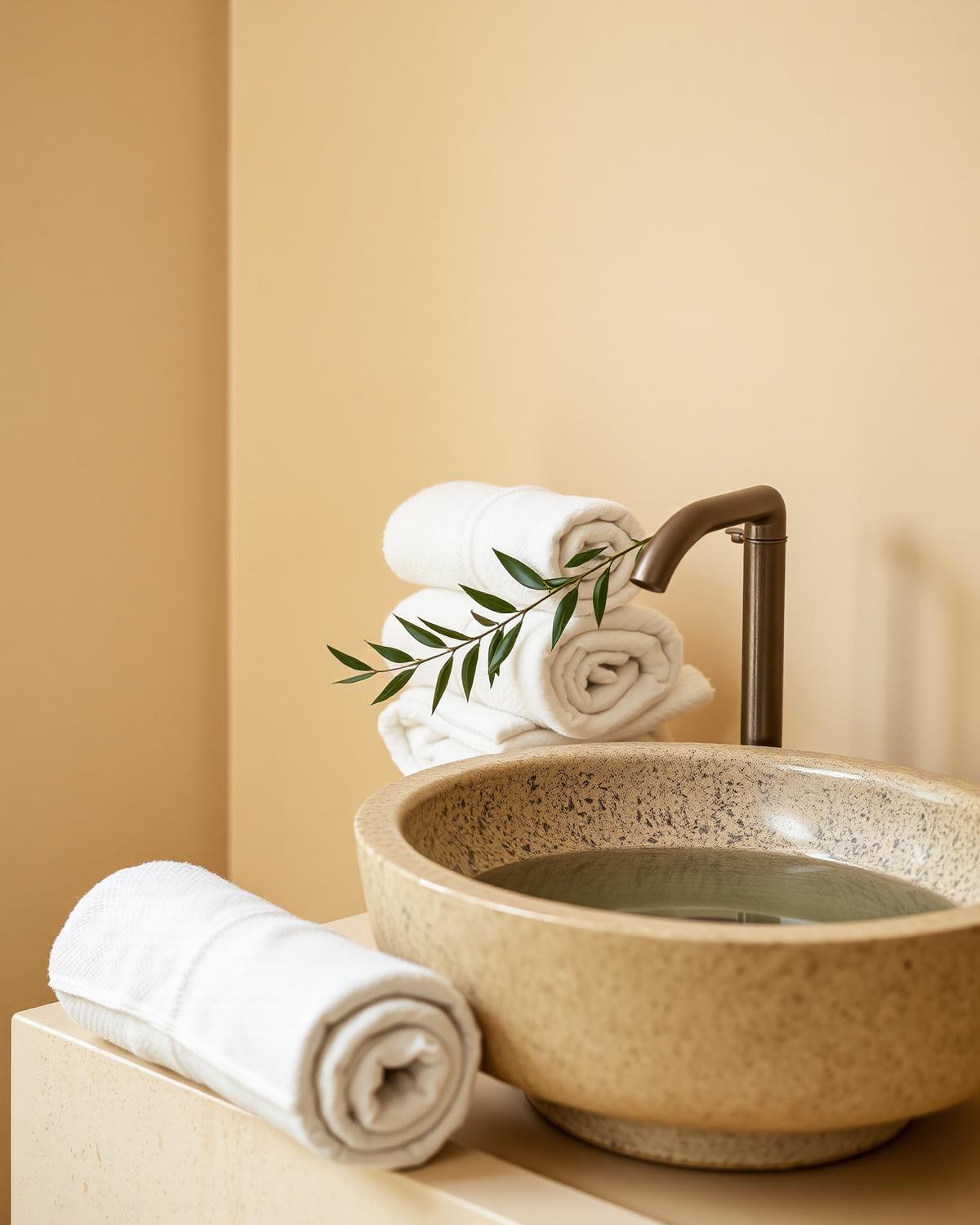 Stone basin, linen towels and olive branch in a spa setting