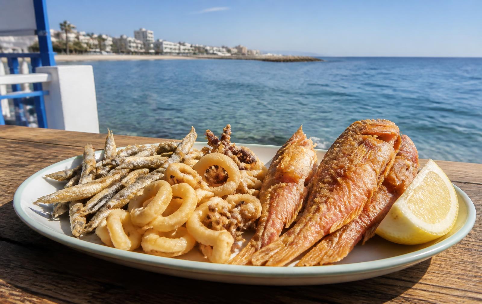Plate of pescaíto frito with anchovies, calamari and red mullet by the sea