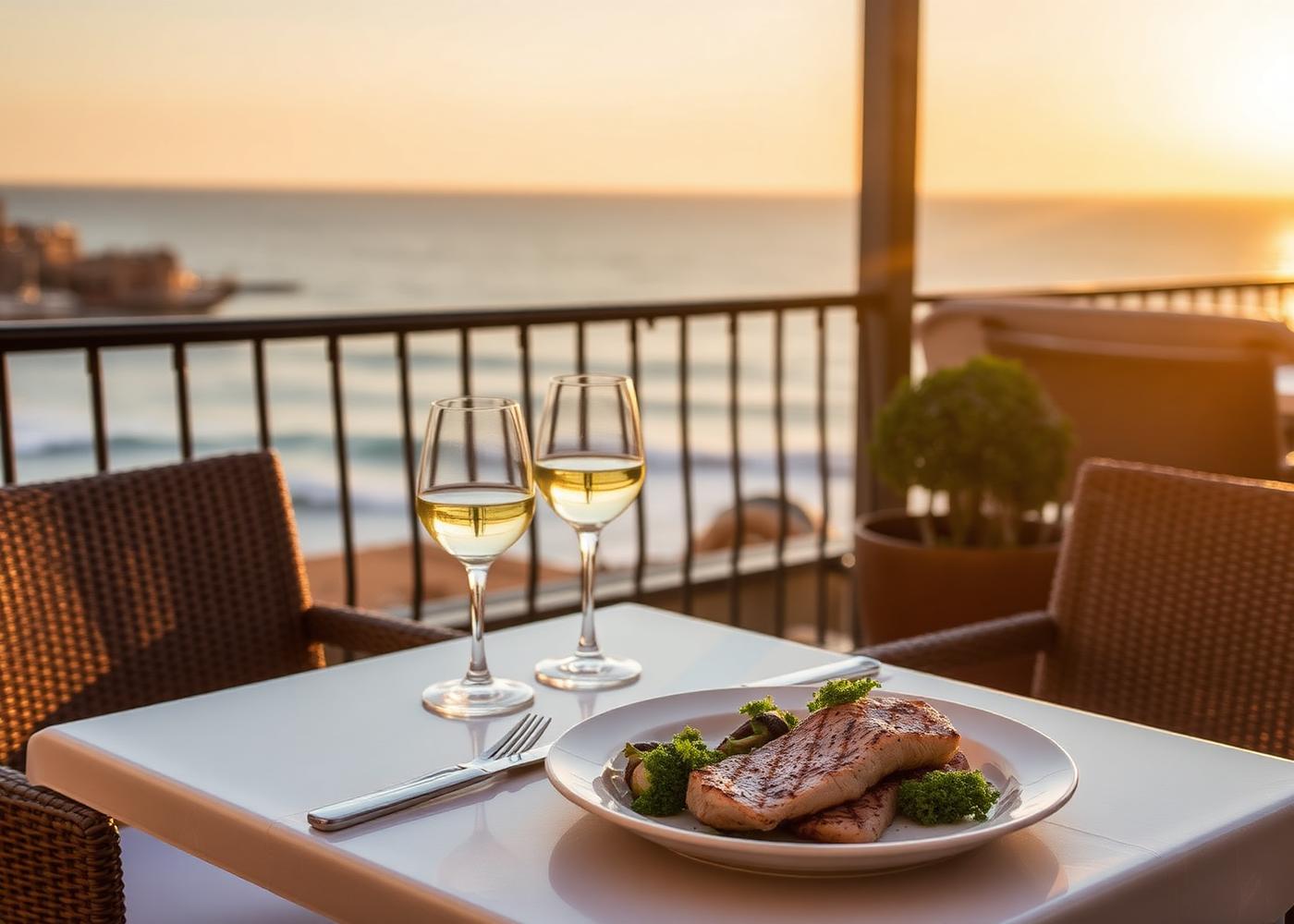 Seafront restaurant table at sunset in Zahara de los Atunes