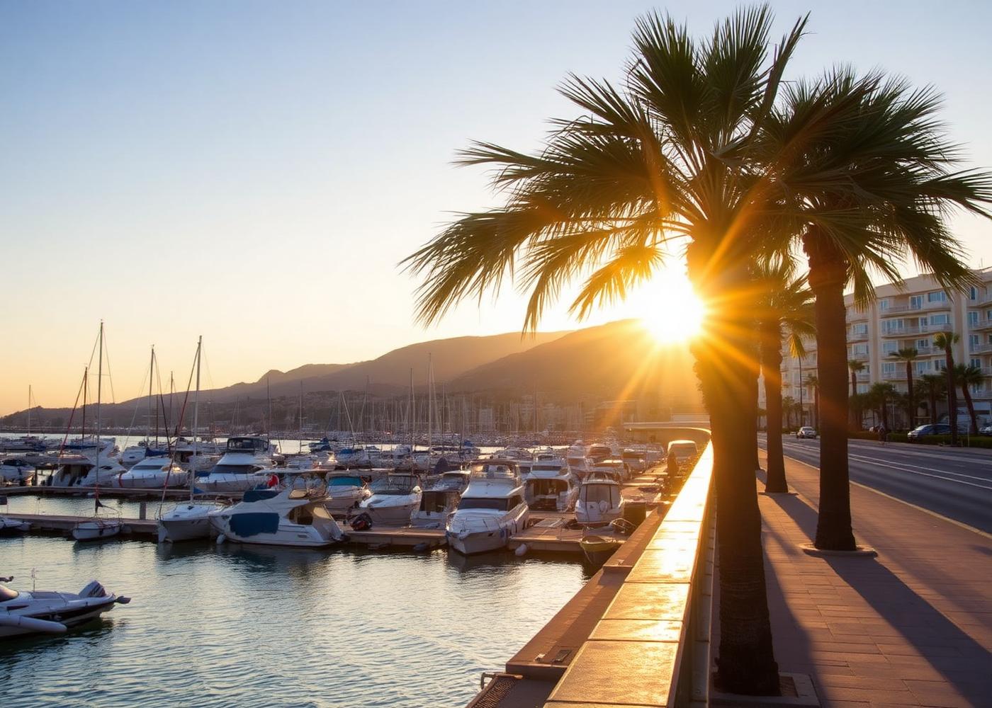 Fuengirola marina and palms at sunset