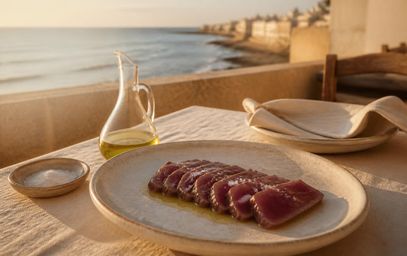 Sliced almadraba bluefin tuna loin on a terrace facing the Atlantic