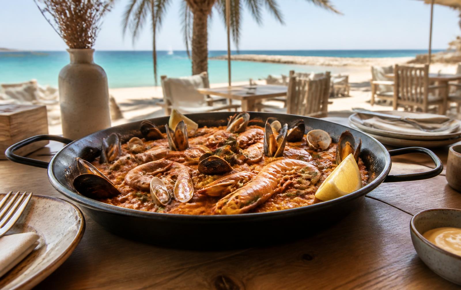Seafood rice in a pan at a beachfront chiringuito