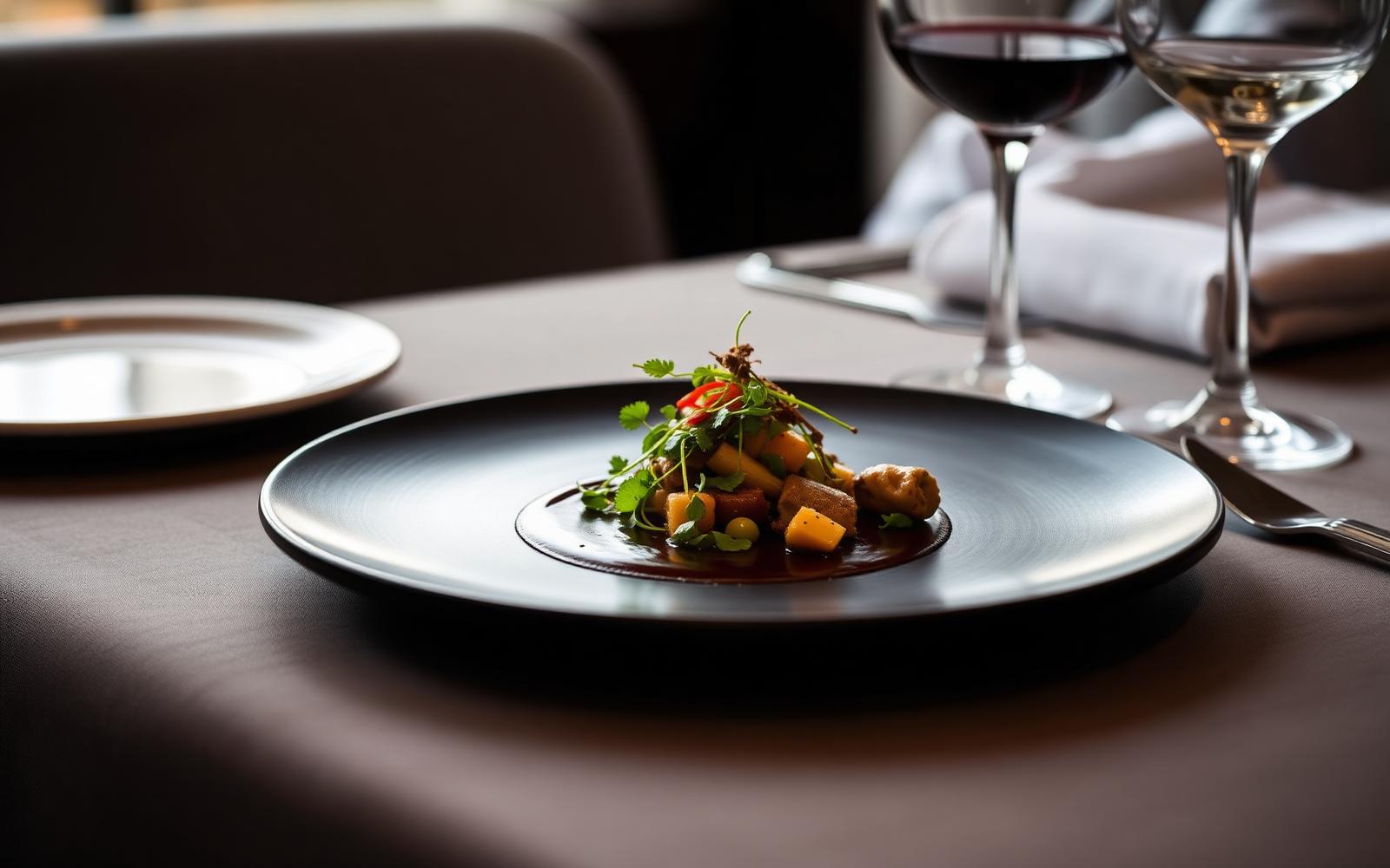 Contemporary Andalusian tasting-menu plate at a fine dining restaurant in Seville
