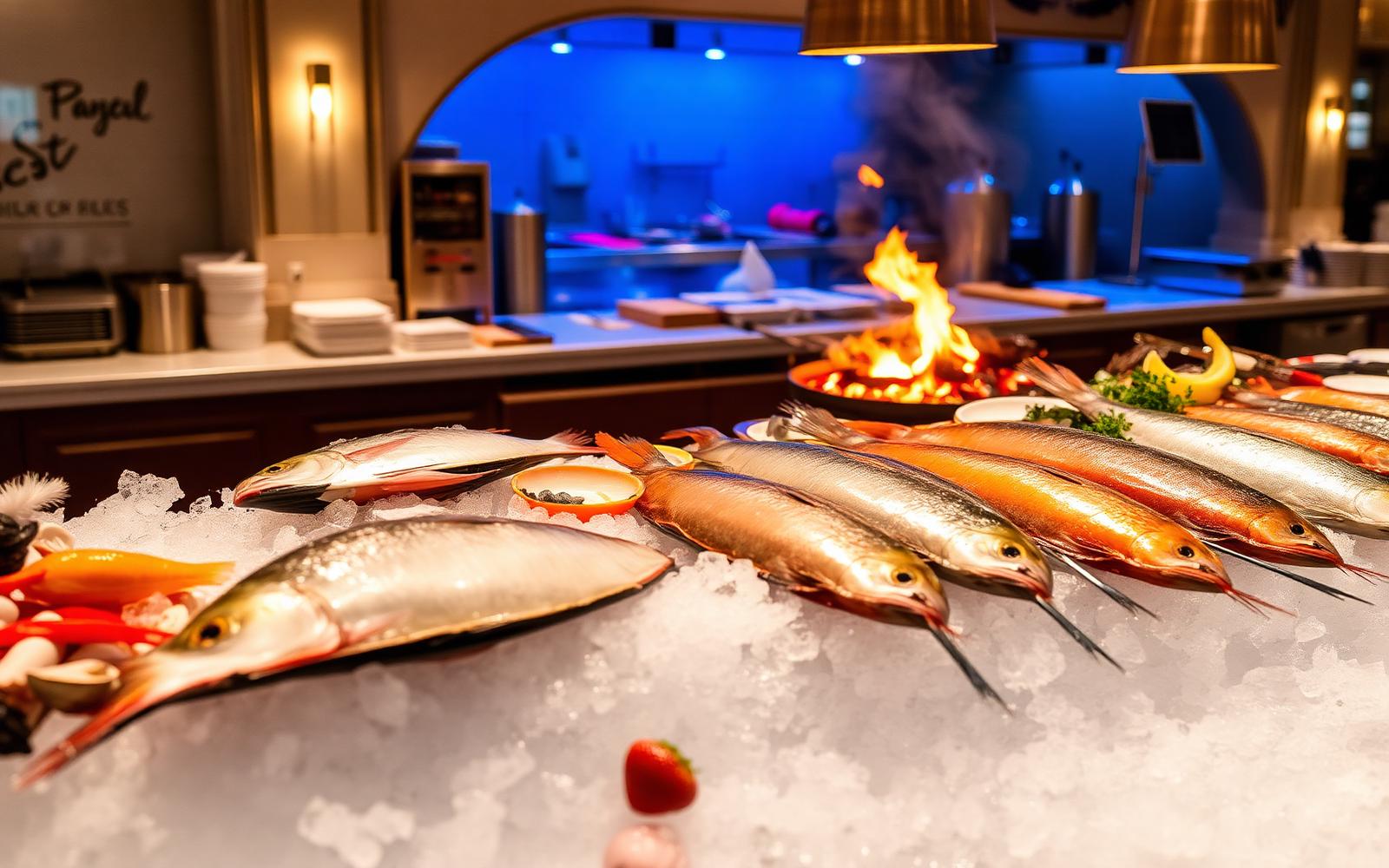 Fresh fish and shellfish on ice with an open grill at a Seville seafood restaurant