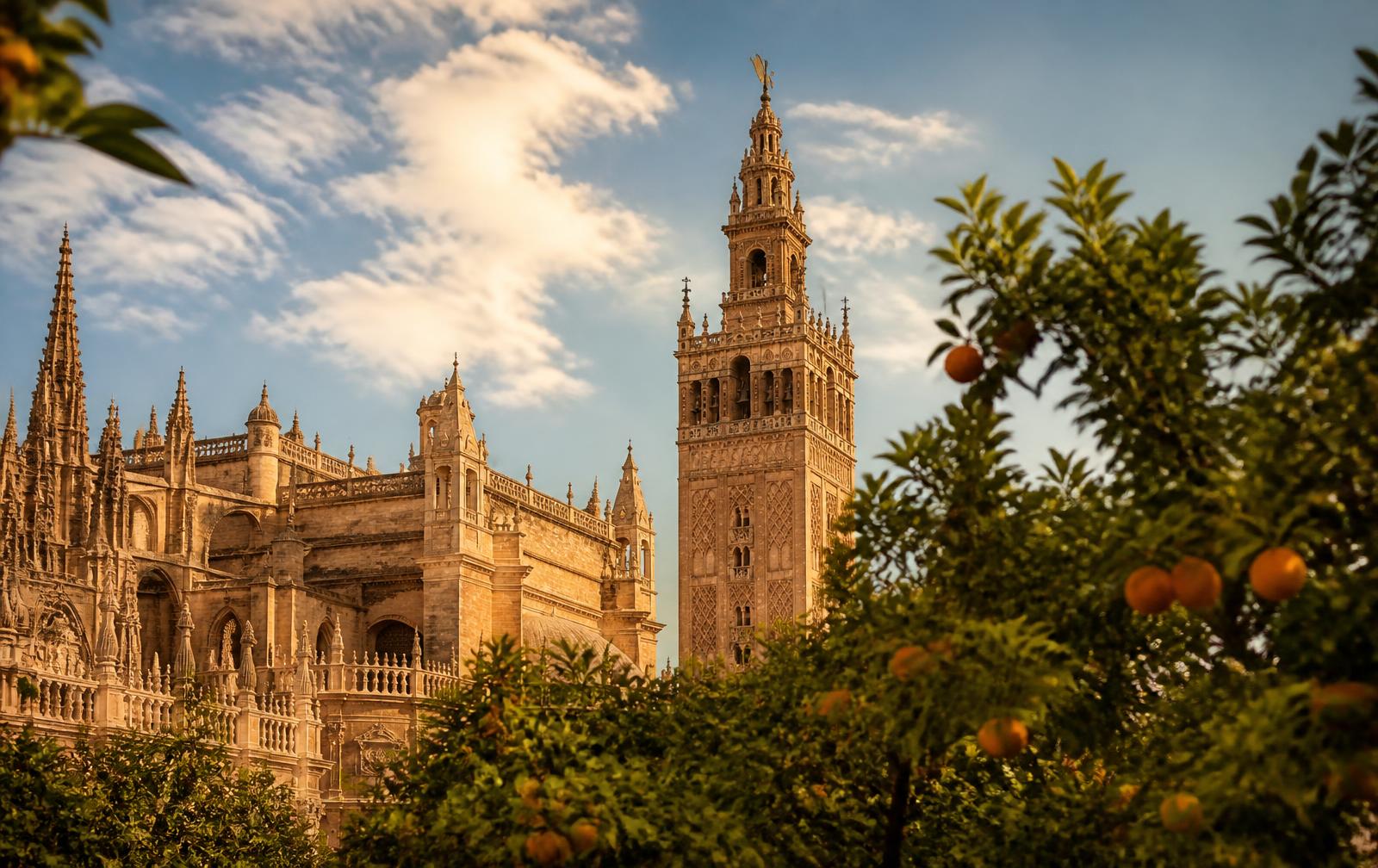 Seville cathedral and the Giralda tower above orange trees