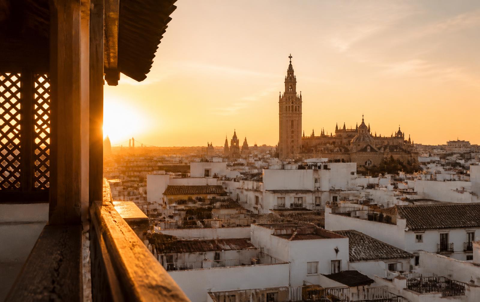 Seville rooftops and the Giralda at sunset from an elevated viewpoint